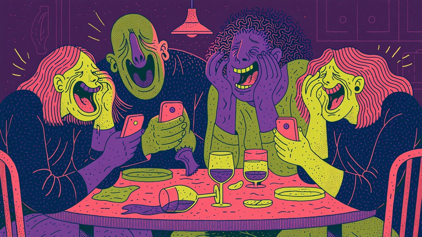 Four friends around a kitchen table crying with laughter, phones in hand, warm evening light